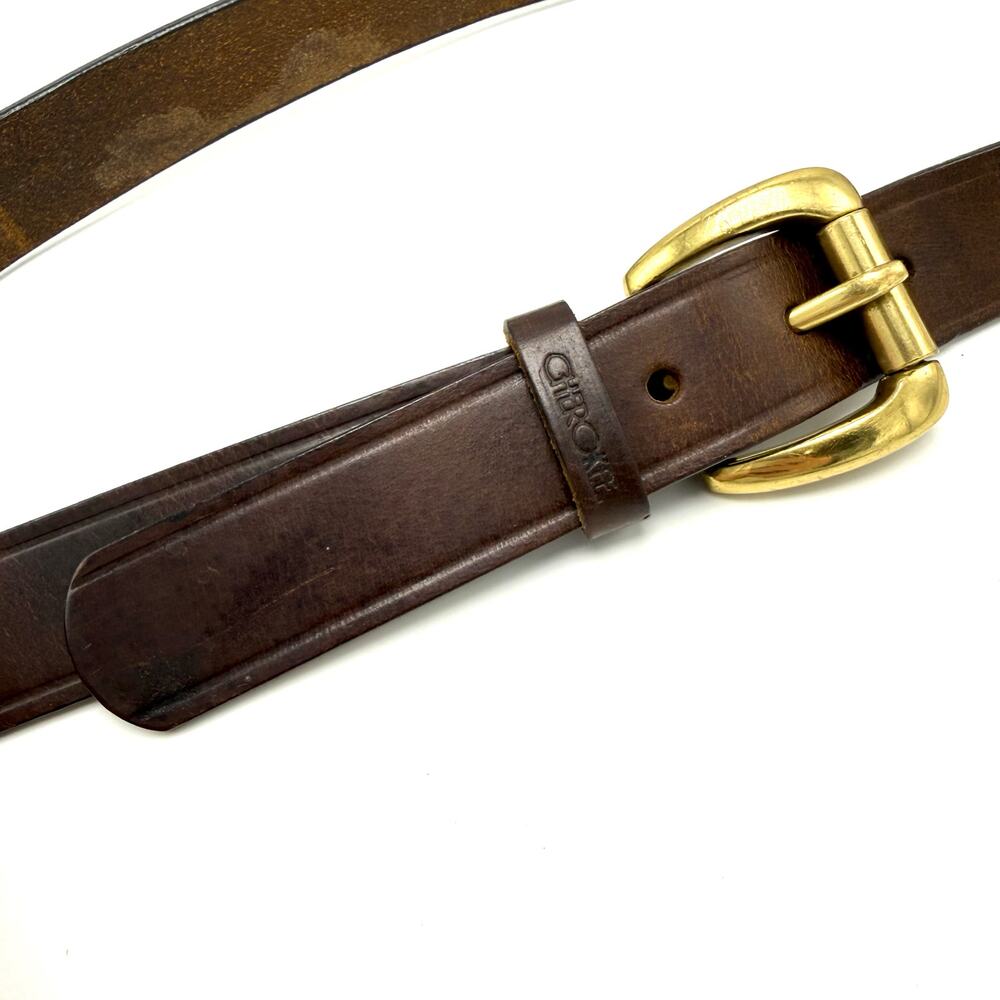 Vintage 90s Cherokee Boho Brown Leather Belt Brass Buckle L 31-35 Western Retro